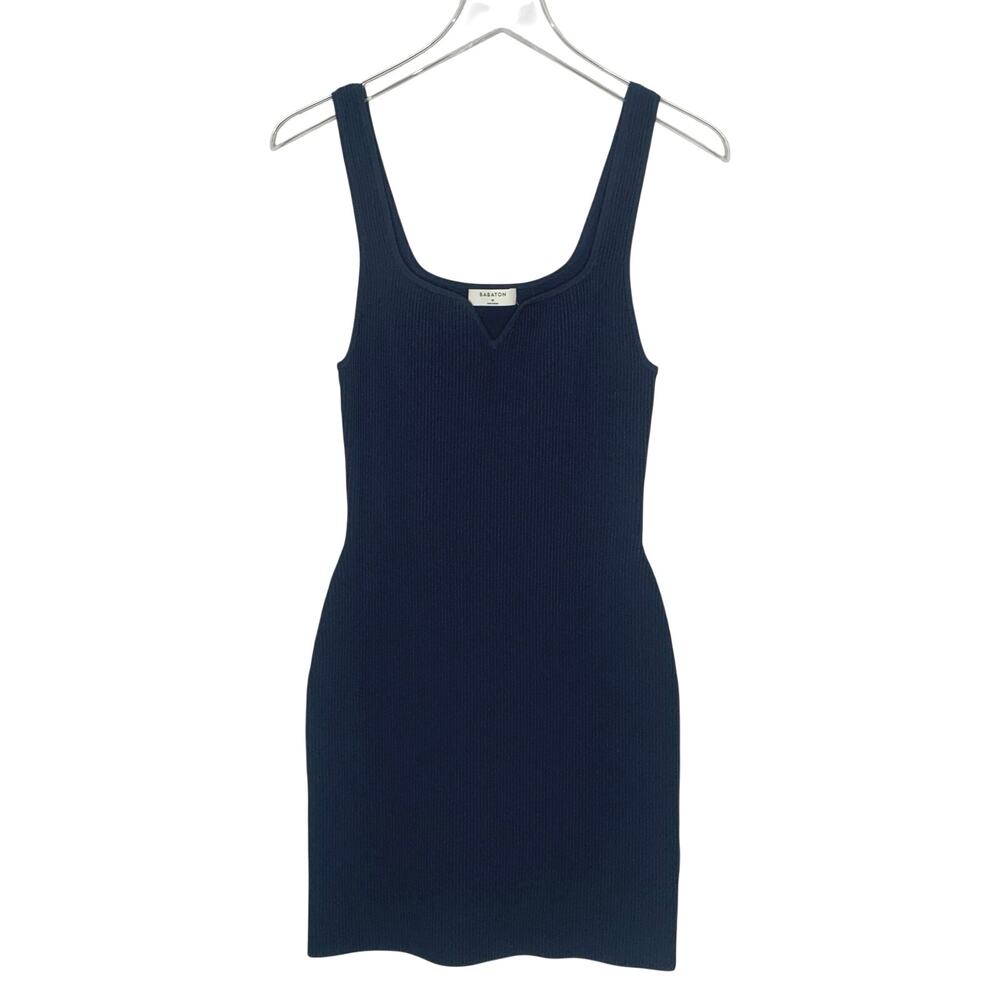 Babaton Sculpt Knit Notch Dress M Navy Blue Ribbed Bodycon Mini Stretch